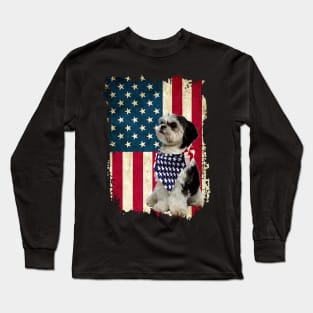 American Shih Tzu Bandana US Flag 4th Of July Long Sleeve T-Shirt